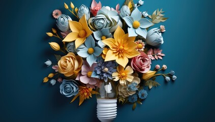colorful flowers surrounding it on a blue light bulb concep