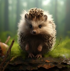 Fototapeta premium a baby hedgehog sits still and looking at the camera,