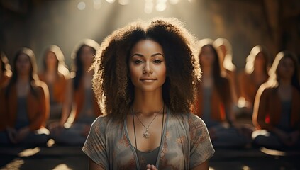 young afroamerican woman in a group of other people doing yoga in a gym