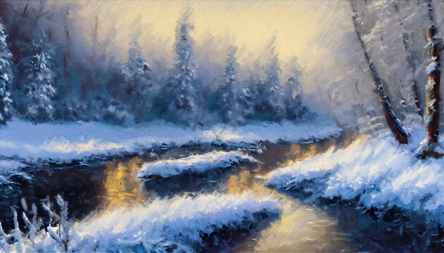 View of the river in the forest in winter. Oil painting artwork