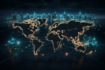 world map with bright blue lights in the background