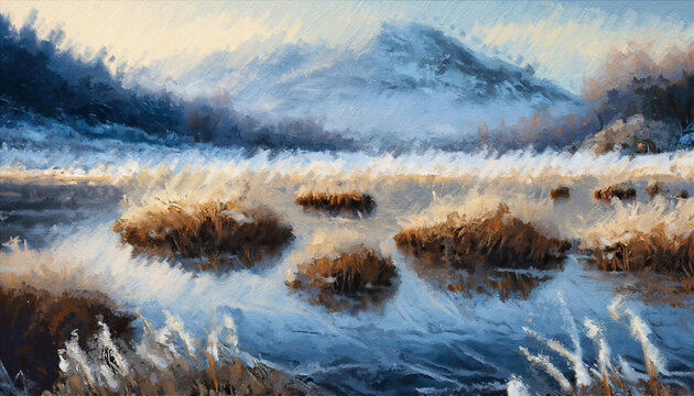 View of the river with a mountain background in winter. Oil painting artwork