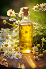 bottle, jars of chamomile essential oil extractor.