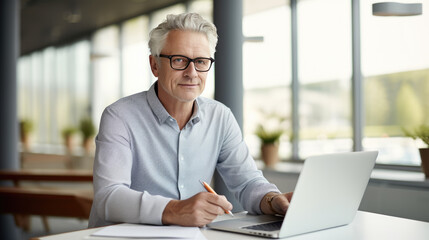 Fototapeta premium Middle aged man working on a laptop in his modern office