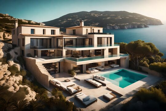 Generate an image of a Mediterranean villa overlooking a coastal landscape. Highlight the architectural details and incorporate a sunny, seaside atmosphere.
