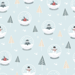 Cartoon Snow Globe Seamless Pattern. Cute holidays Christmas Winter Backgrounds. Vector hand drawn illustration