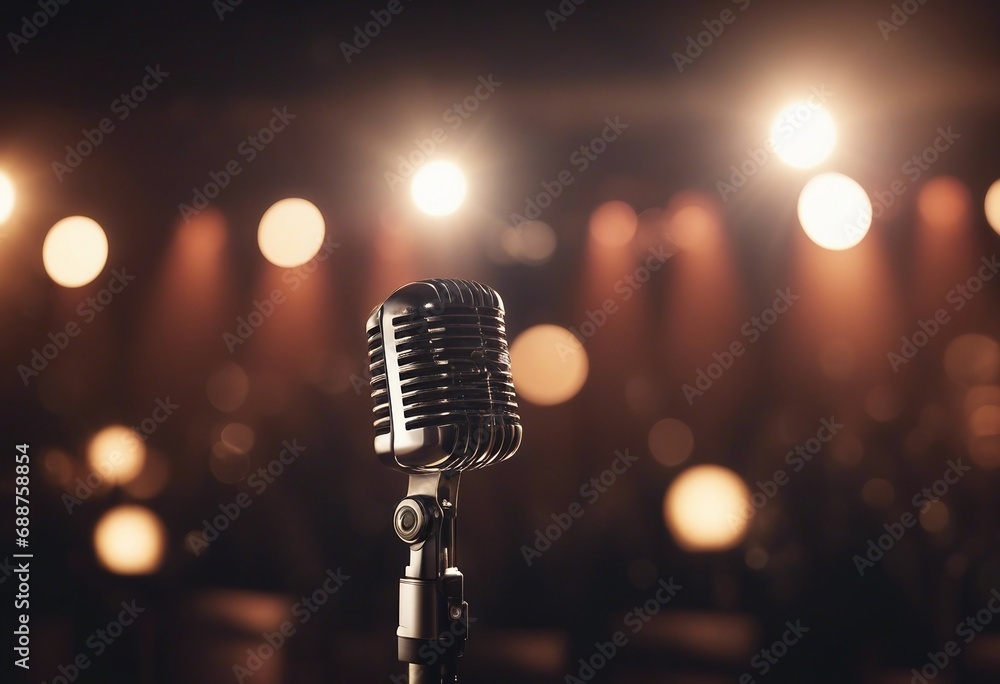 Poster retro microphone on stage with bokeh light