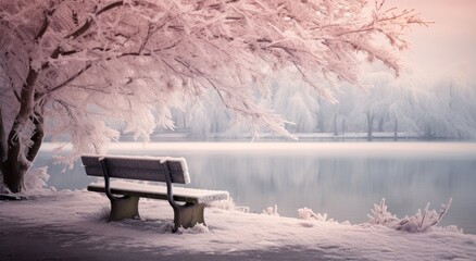a bench in winter by a lake with snow,