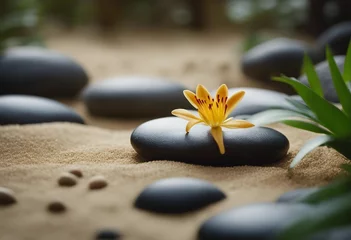 Foto auf Glas Sand lily and spa stones in zen garden © ArtisticLens