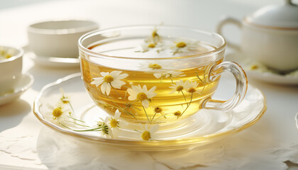 cup of chamomile tea on a white background close-up with chamomile in the foreground in sunlight. background for chamomile tea. soothing tea.