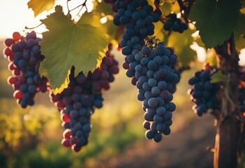 Vineyard with ripe grapes in countryside at sunset