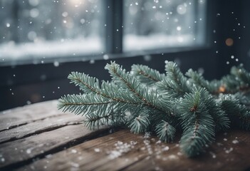 Winter Background With Frost Fir Branch On Vintage Table