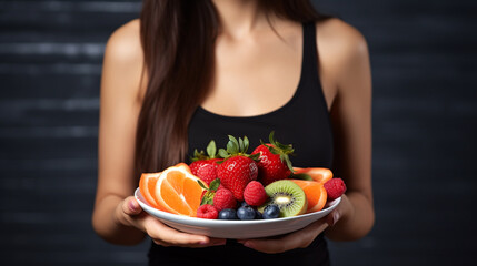 Fitness and healthy lifestyle concept. A woman is resting and holding a plate of fruit.