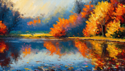 Obraz na płótnie Canvas View of the lake in the middle of the forest in autumn. Oil painting artwork