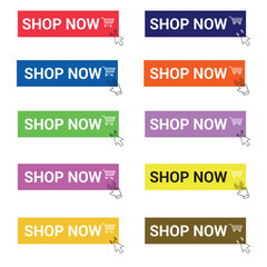 Shop now button with hand cursor. Buy now hand pointer clicking. Shop now set of 8, Modern collection for web site. Click here banner with shadow. Online shopping. Vector illustration