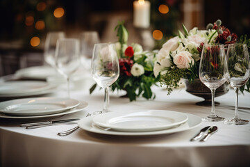 Tables set with white plates and flowers for an event party or wedding reception