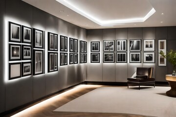 A contemporary hallway with a gallery wall of black-and-white photography and recessed LED lighting