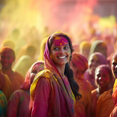 Woman smiling and celebrating holi festival in a crowd, with coloured vibrant powder in the air