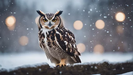 Rolgordijnen owl flying towards the camera in snowfall   © abu