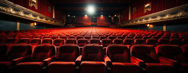 Row of empty red seats, movie theatre