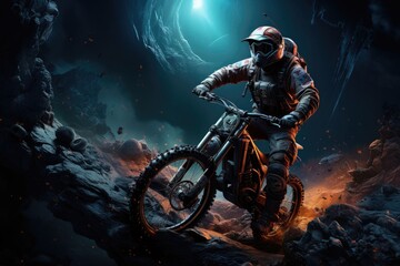 Naklejka premium Astronaut Man Riding a Dirt Bike Through a Tunnel Generative AI