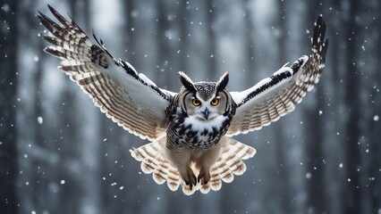 owl flying towards the camera in snowfall

 - obrazy, fototapety, plakaty
