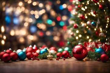 Fototapeta na wymiar Festive left-side arrangement: Christmas tree, ornaments, and lights. Right-side boasts vibrant blurred bokeh background