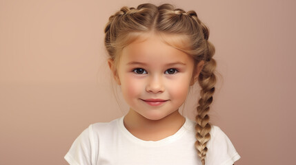White little girl with braided hair. Blank t-shirt template. Pastel background in a studio.