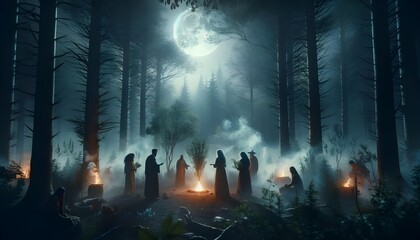 Mystical Wiccan Forest Ceremony - obrazy, fototapety, plakaty