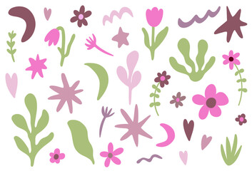 Simple nature elements. Flowers, leaves, stars, moons, hearts. Contemporary modern trendy vector set.