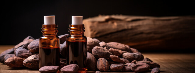 bottle, cans of cocoa extract essential oil - obrazy, fototapety, plakaty