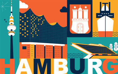 Typography word “Hamburg” branding technology concept. Collection of flat vector web icons. Culture travel set, famous architectures, specialties detailed silhouette. German famous landmark