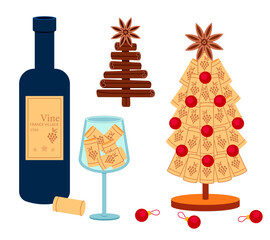 Cartoon open bottle of wine with glass. Christmas tree made of corks. Handmade, DIY. Cartoon Christmas tree of cinnamon sticks and anise star vector illustration on white background.