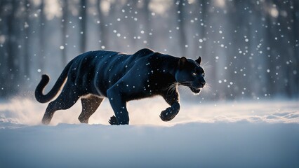 panther running towards the camera in snowfall

