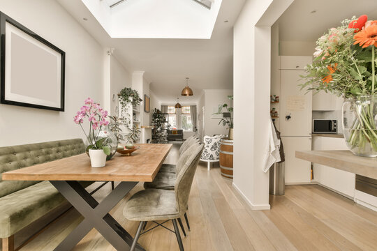 Living room and dining room with wooden table
