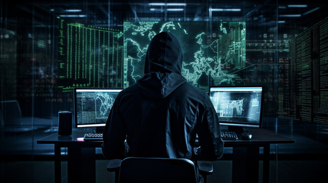 Computer hacker in hoodie.Data thief, internet fraud, darknet and cyber security concept.darknet