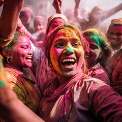Close-up portrait of young Indian woman during Holi festival celebrations in a crowd setting with vibrant paint powder being thrown