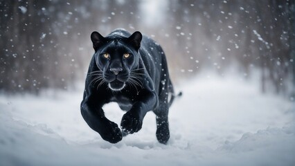 panther running towards the camera in snowfall

