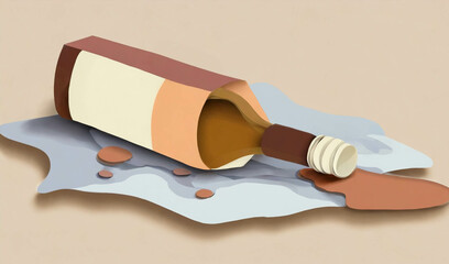 An alcohol bottle pouring out liquid, quit drinking design in a cut paper collage style. Generative AI
