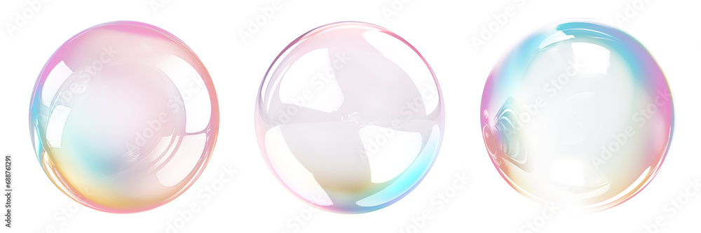 Wall mural set of soap bubbles isolated on a transparent background close-up. flying soap bubbles in png format