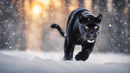  panther running towards the camera in snowfall   © abu