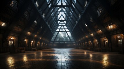 a large room with a large ceiling and windows - obrazy, fototapety, plakaty