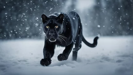 Fototapeten panther running towards the camera in snowfall   © abu