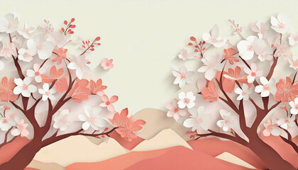 Cherry blossom trees and branches, in a cut paper collage style. Generative AI
