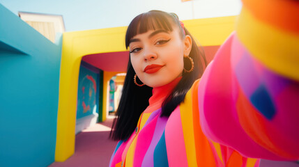 Generative AI image of a young woman influencer taking selfie in colorful urban setting