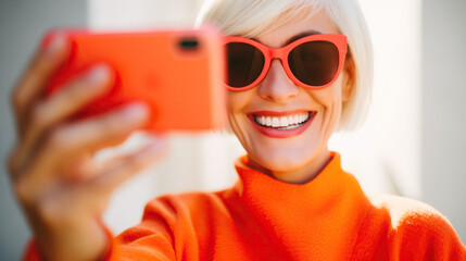 Generative AI image of stylish senior woman influencer taking a selfie