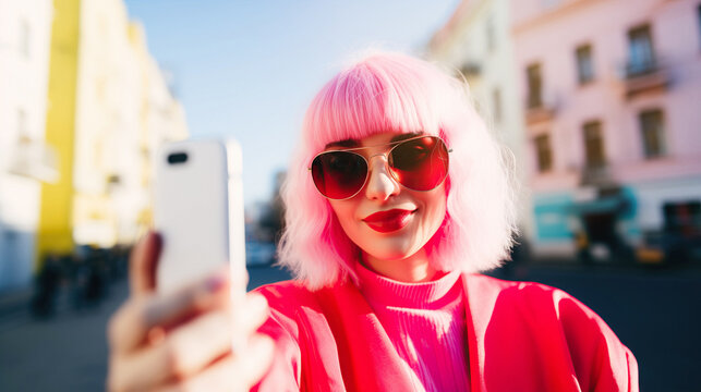 Generative AI image of stylish woman influencer with pink hair taking selfie