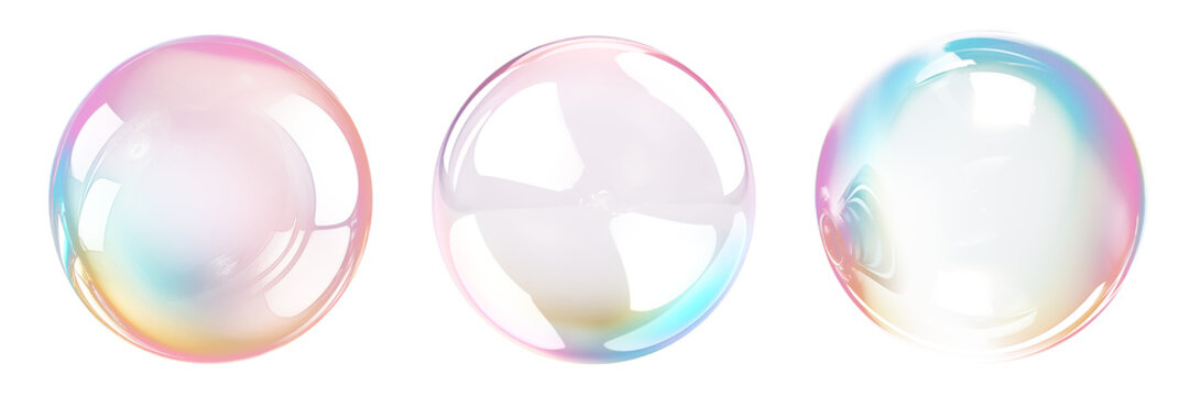 Set of soap bubbles isolated on a transparent background close-up. Flying soap bubbles in PNG format. Attributes of fun.