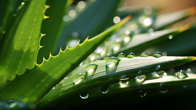 Aloe Vera Macro Closeup with Glistening Water Drops, Close-up of dewy aloe leaves., aloe with water drops, banner, full frame

