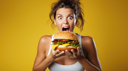Woman with an exaggerated expression of surprise and excitement, her mouth wide open as she holds a large hamburger, ready to take a bite